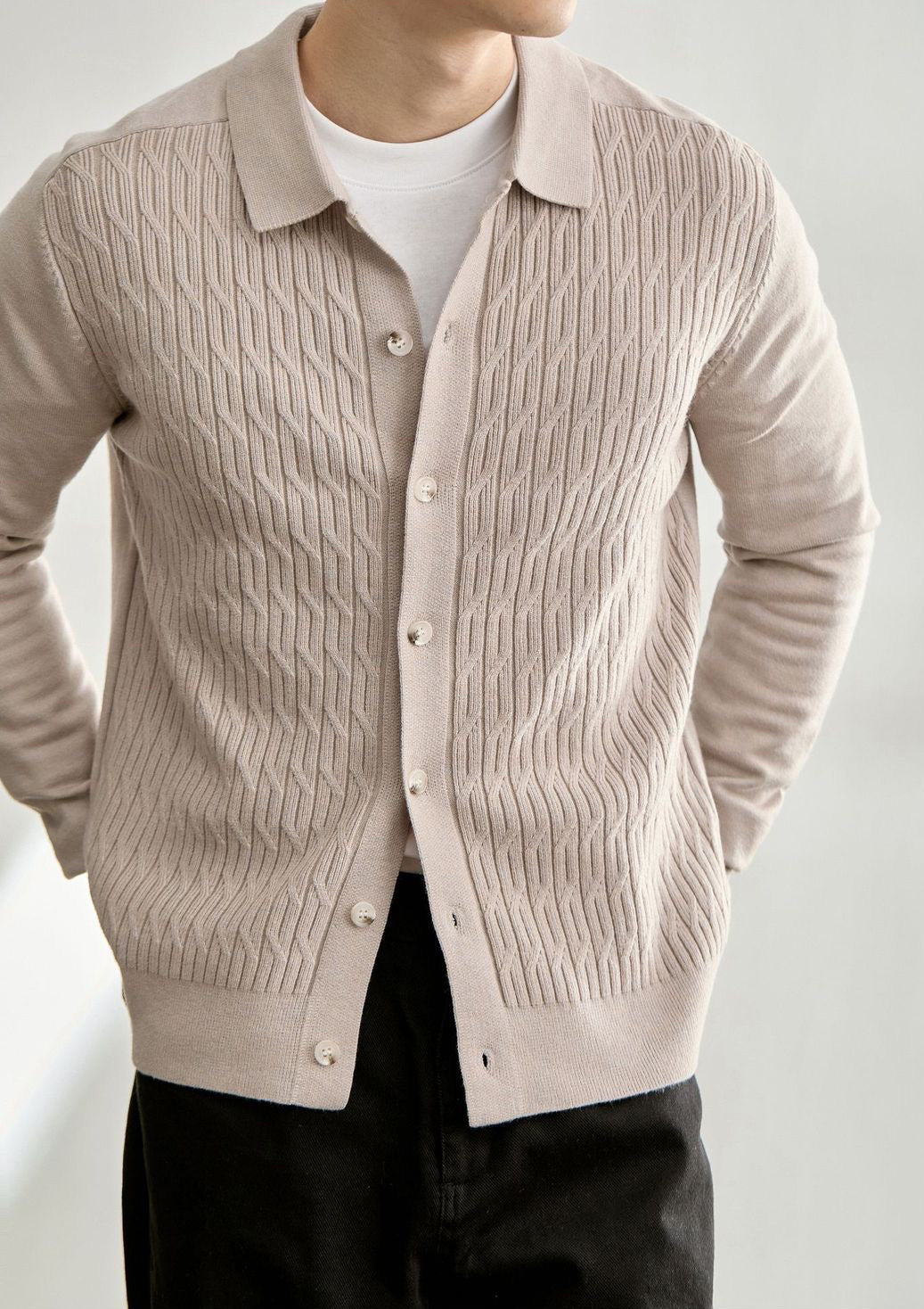 Men's Casual Polo Collar Button-Up Knit Cardigan