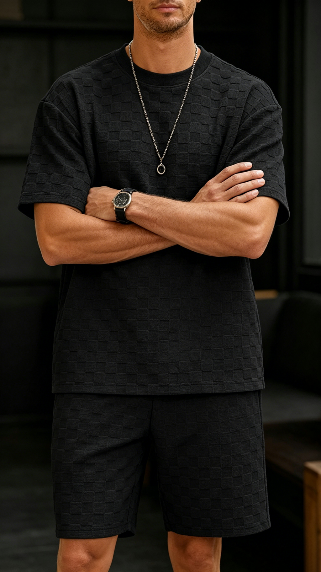 Men's Premium Checkerboard Knit Crewneck Tee & Shorts Set