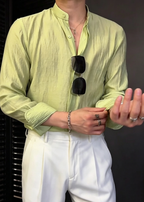 Men's Textured Linen Mandarin Collar Shirt – Lightweight Summer Casual Long Sleeve Shirt