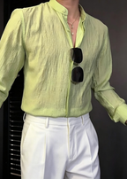 Men's Textured Linen Mandarin Collar Shirt – Lightweight Summer Casual Long Sleeve Shirt