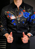 Luxury Baroque Butterfly Rhinestone Printed Shirt - Men's Slim Fit Non-Iron Vintage Dandy Dress Shirt