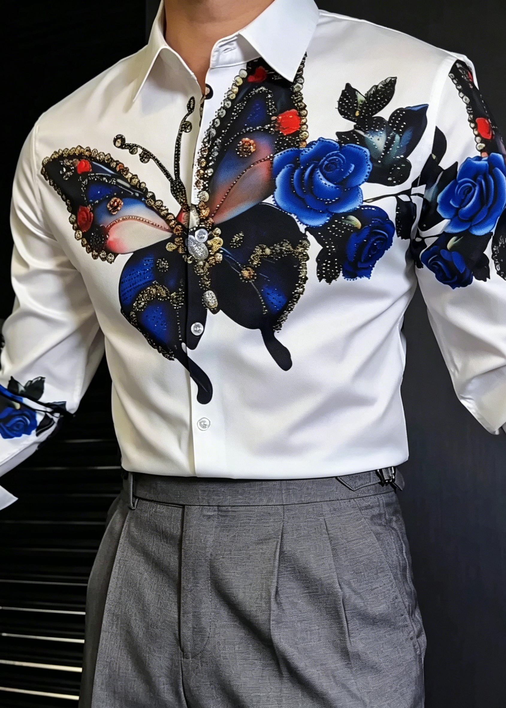 Luxury Baroque Butterfly Rhinestone Printed Shirt - Men's Slim Fit Non-Iron Vintage Dandy Dress Shirt