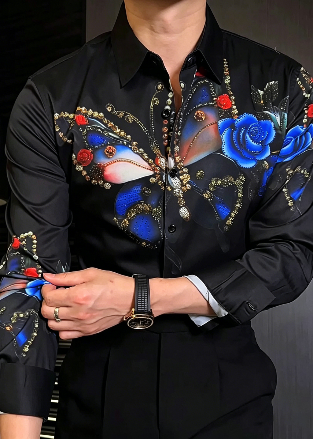 Luxury Baroque Butterfly Rhinestone Printed Shirt - Men's Slim Fit Non-Iron Vintage Dandy Dress Shirt