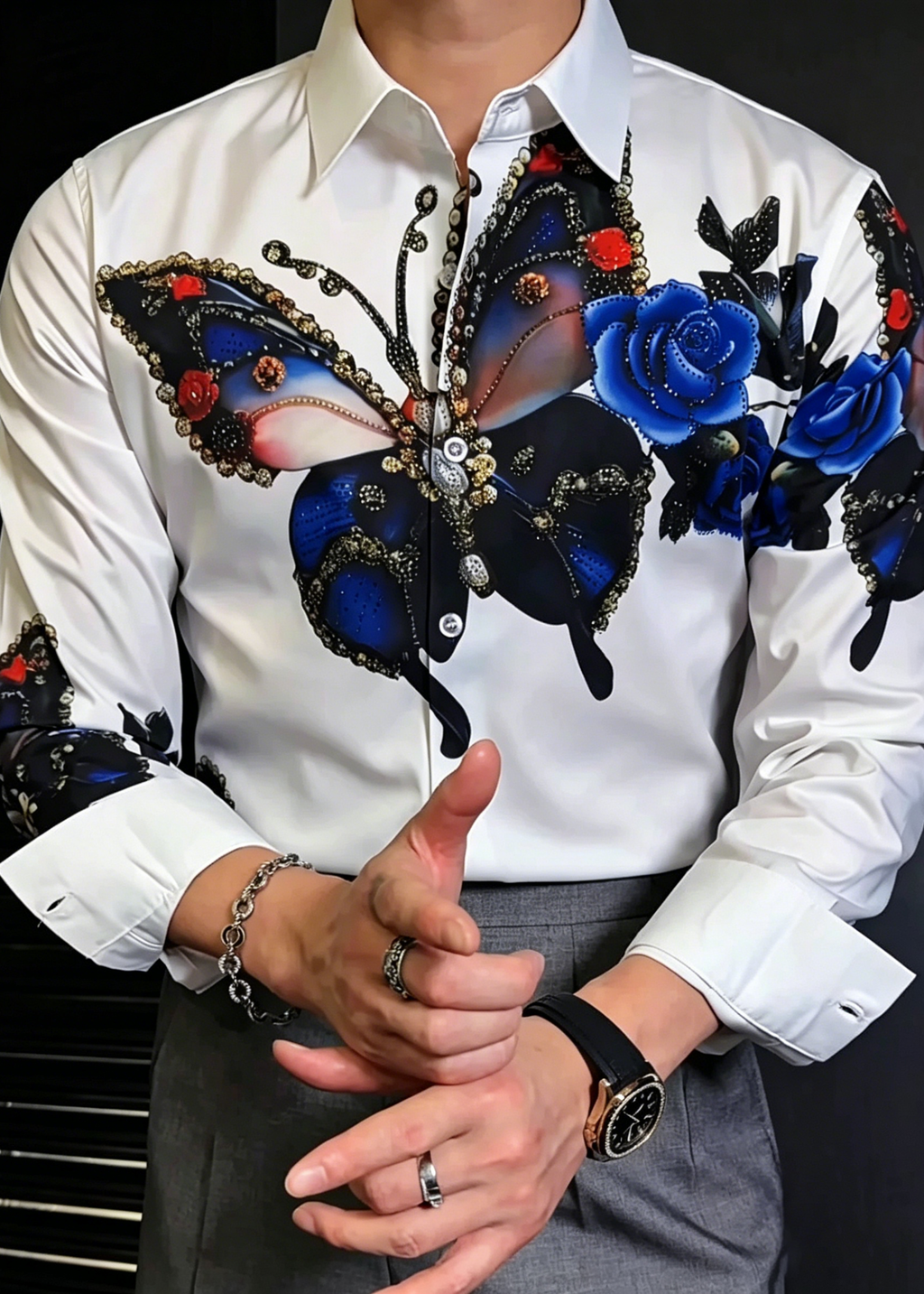 Luxury Baroque Butterfly Rhinestone Printed Shirt - Men's Slim Fit Non-Iron Vintage Dandy Dress Shirt