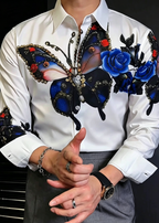 Luxury Baroque Butterfly Rhinestone Printed Shirt - Men's Slim Fit Non-Iron Vintage Dandy Dress Shirt