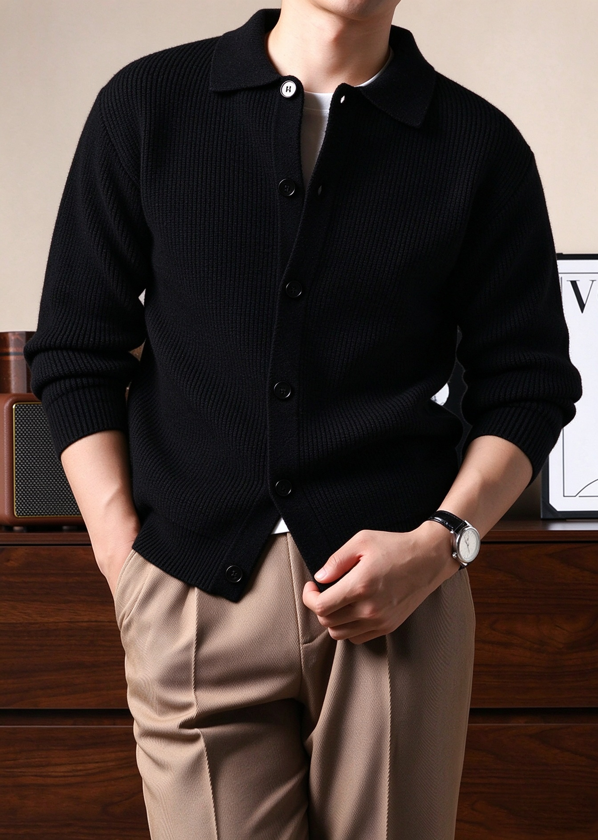 Men's Classic Knit Polo Cardigan – Long Sleeve Button-Up Sweater Jacket