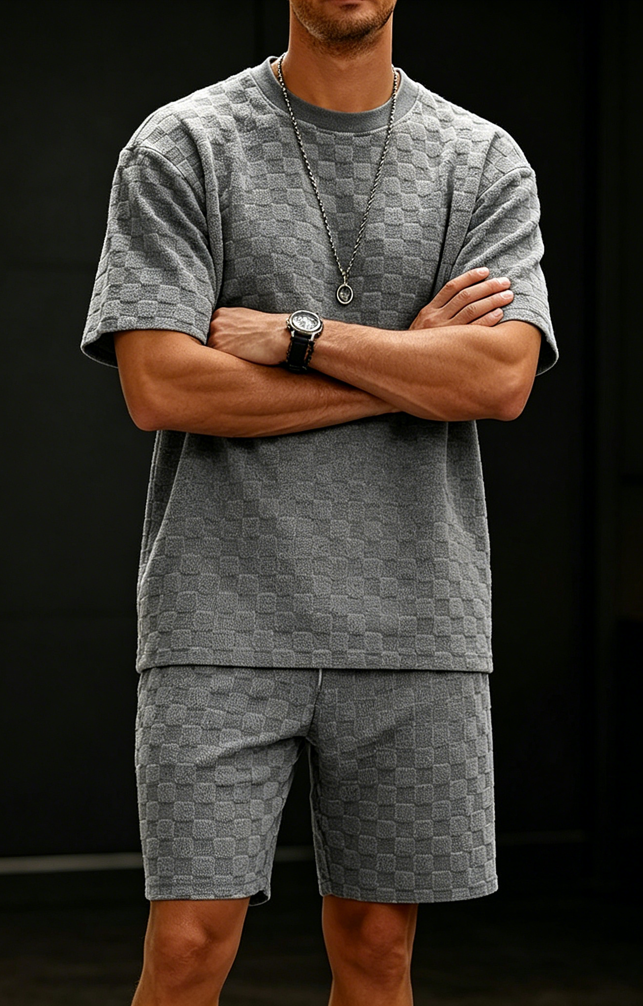 Men's Premium Checkerboard Knit Crewneck Tee & Shorts Set