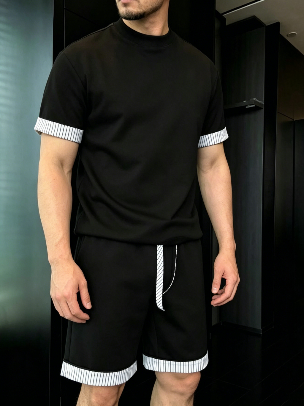 Men's Comfortable Striped Contrast Short-Sleeve Set