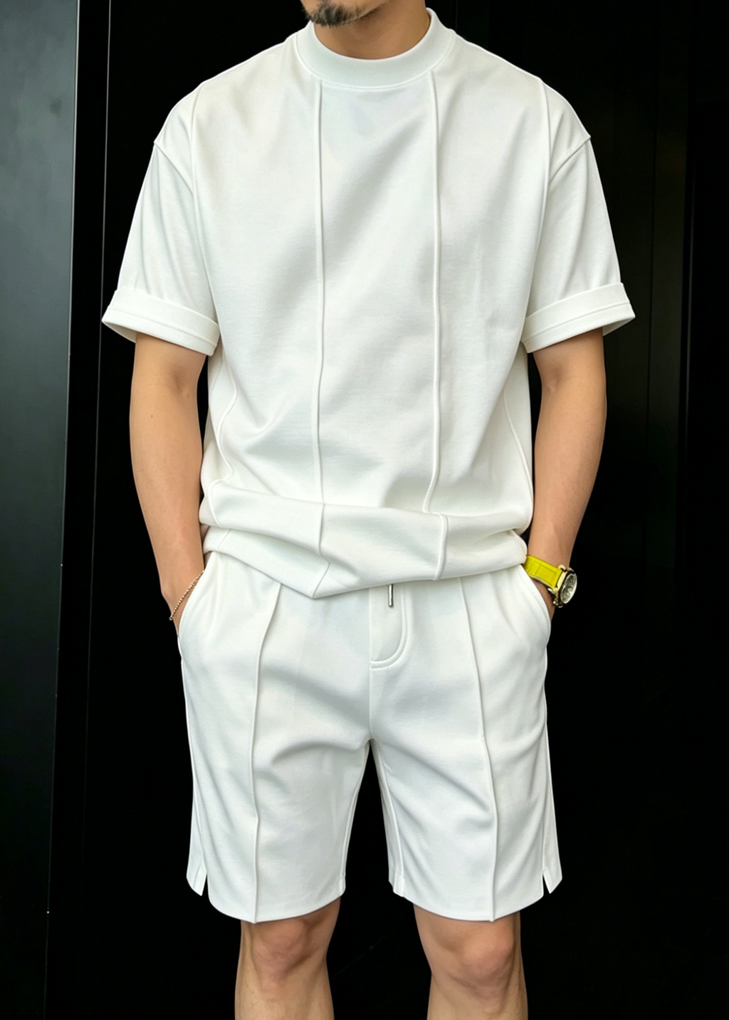 Men's Minimalist Urban Lounge Set – Premium Crew Neck T-Shirt & Tailored Shorts Two-Piece Outfit