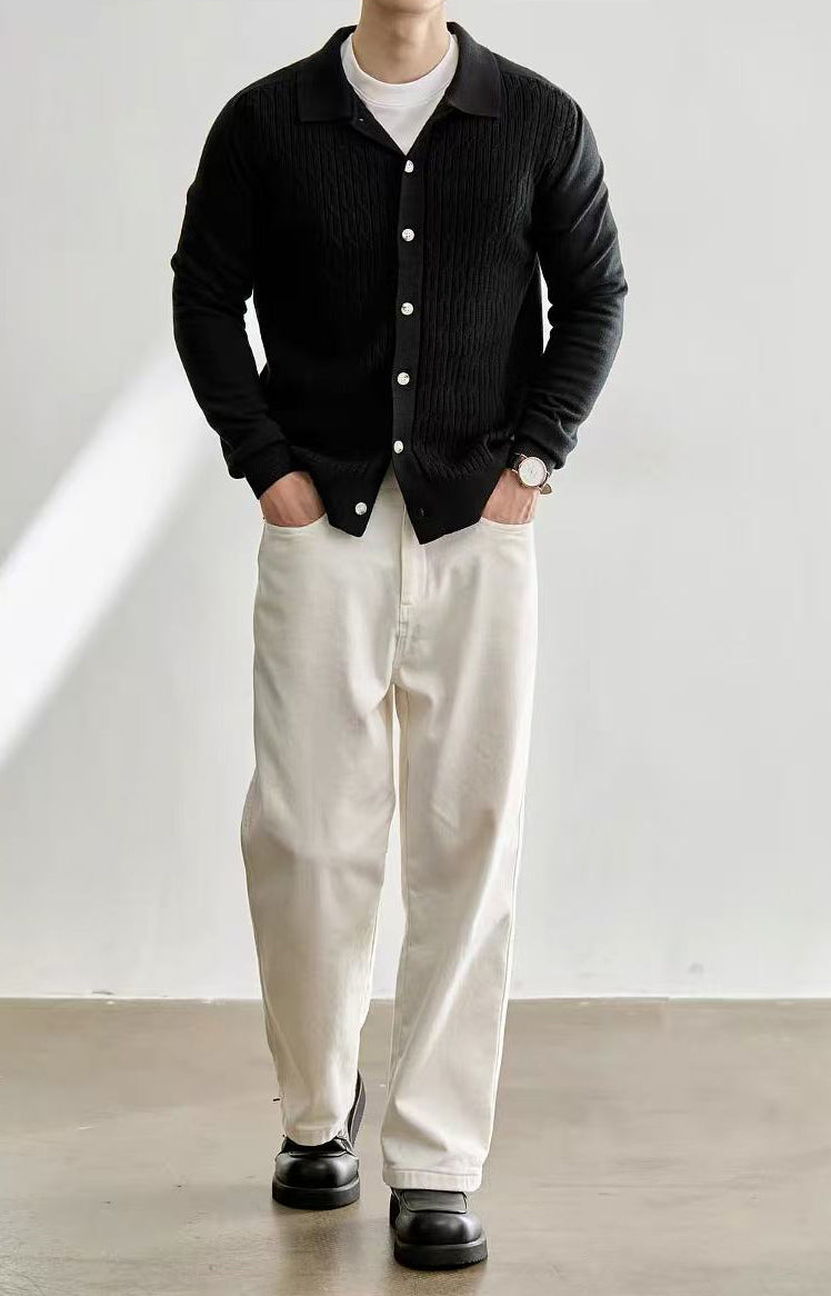Men's Casual Polo Collar Button-Up Knit Cardigan