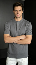 Men's Stand Collar Solid Color Casual Short Sleeve Shirt