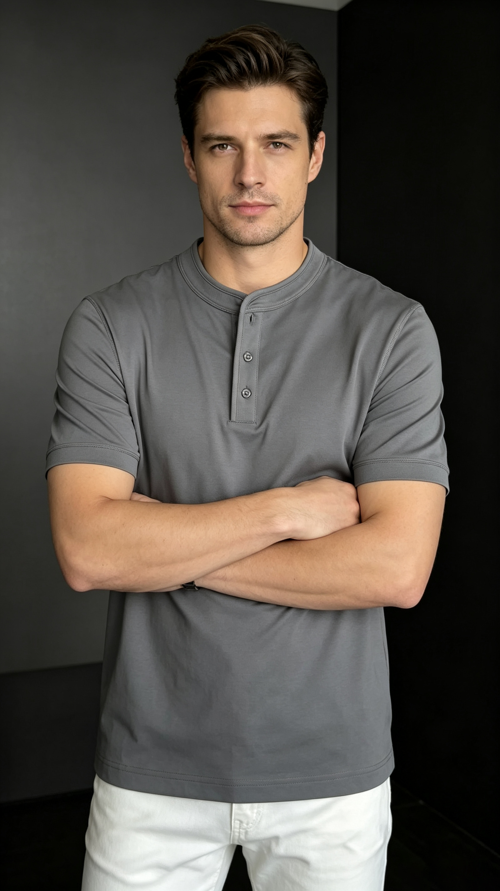 Men's Stand Collar Solid Color Casual Short Sleeve Shirt