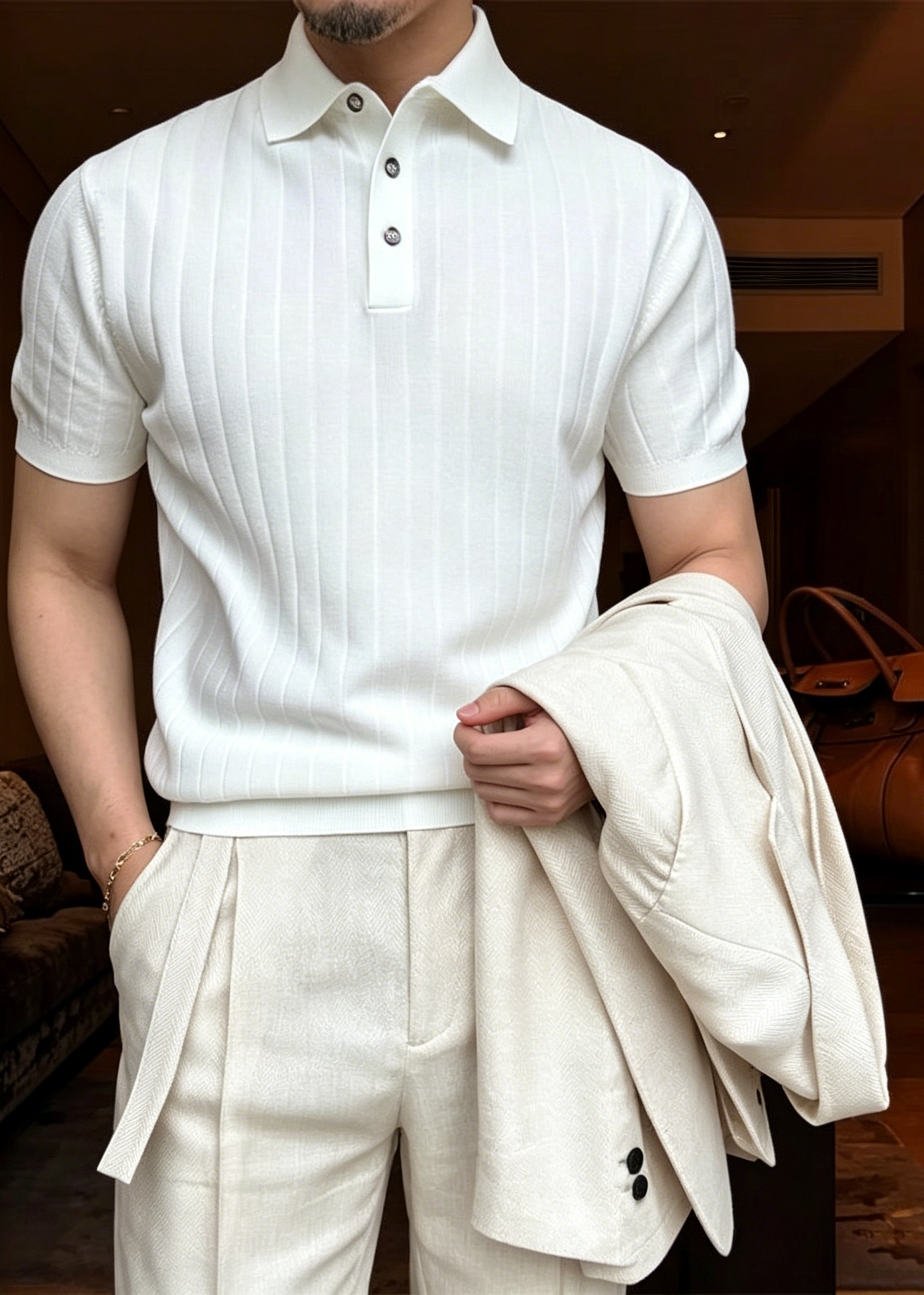 Men's Summer Slim-Fit Ribbed Polo Shirt – Short Sleeve Knitted Tee