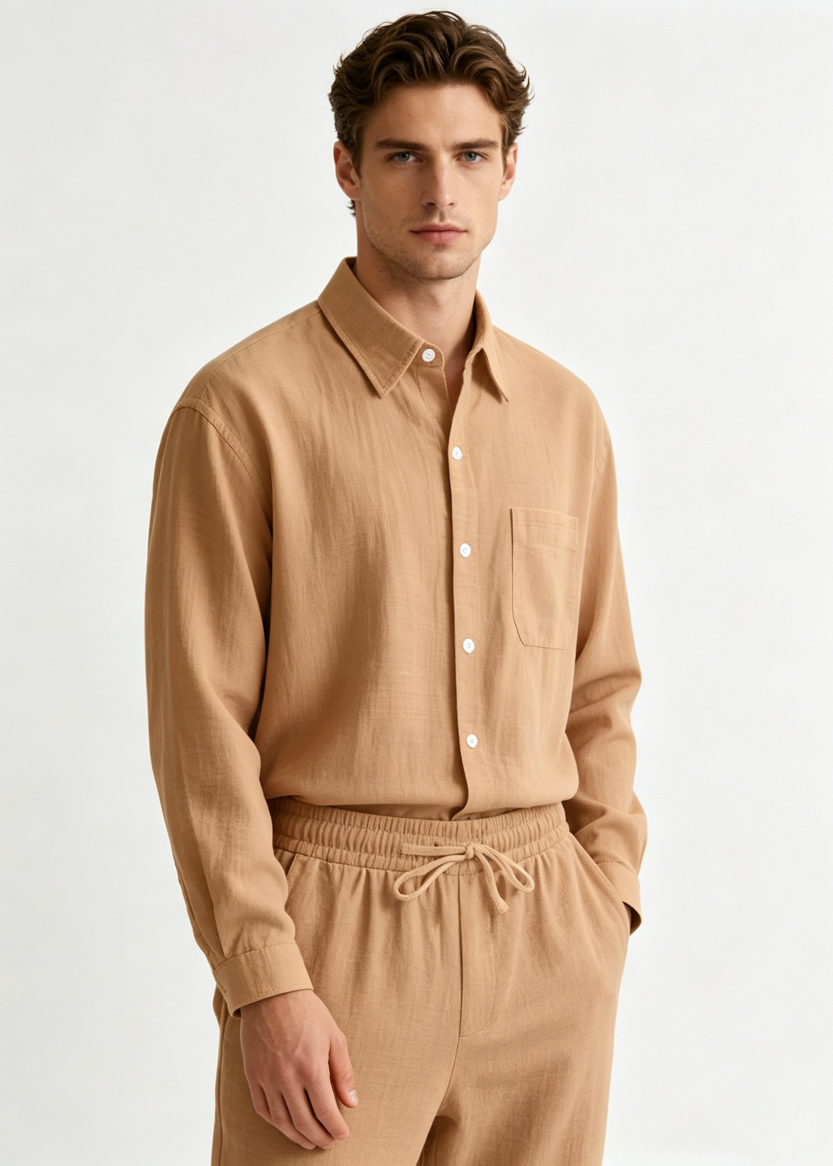 Men's 2-Piece Linen Outfits Casual Long Sleeve Button Down Shirt and Pants Set Beach Vacation Suits