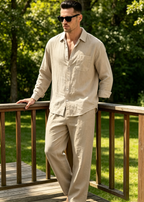 Men's 2-Piece Linen Outfits Casual Long Sleeve Button Down Shirt and Pants Set Beach Vacation Suits