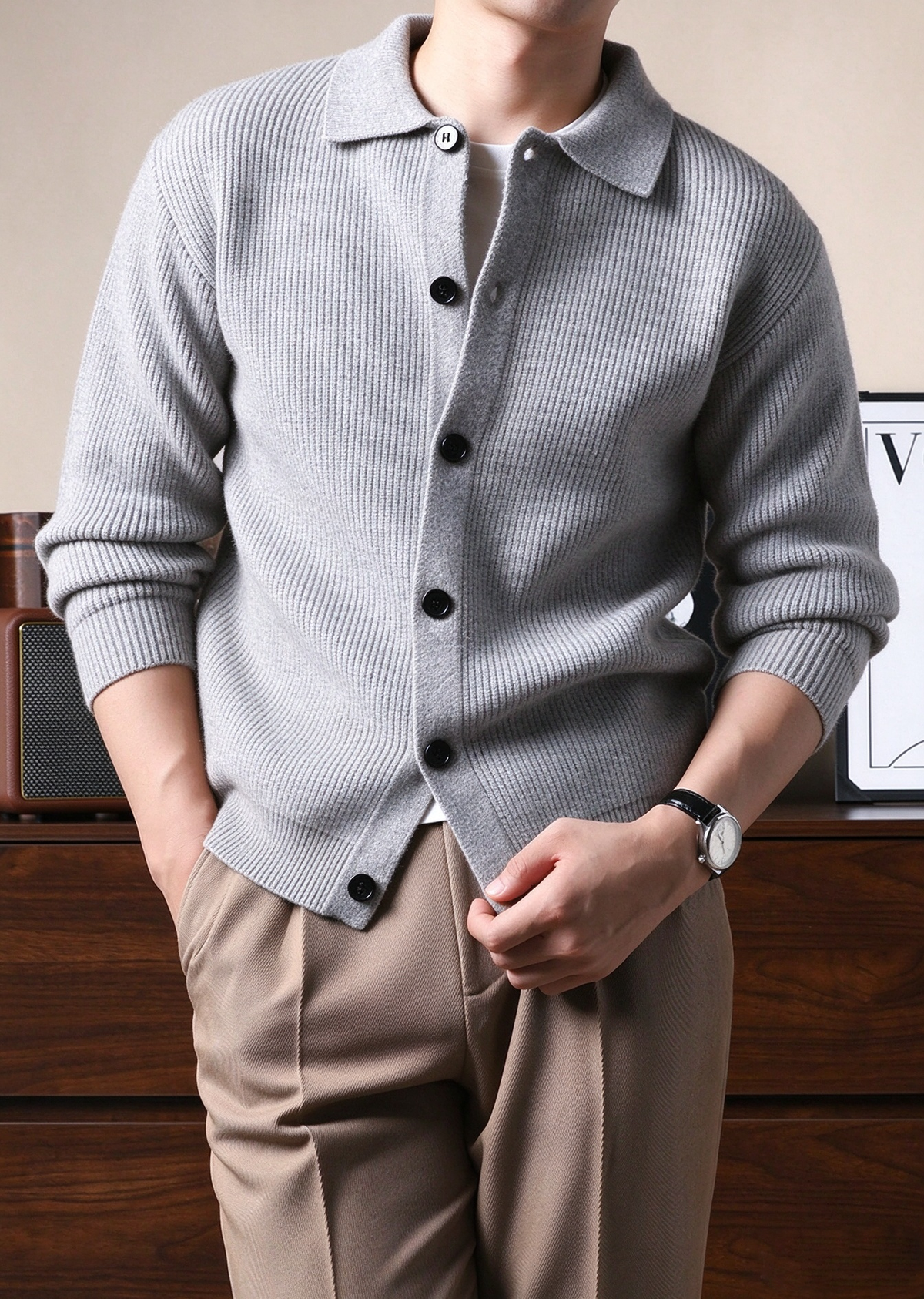 Men's Classic Knit Polo Cardigan – Long Sleeve Button-Up Sweater Jacket