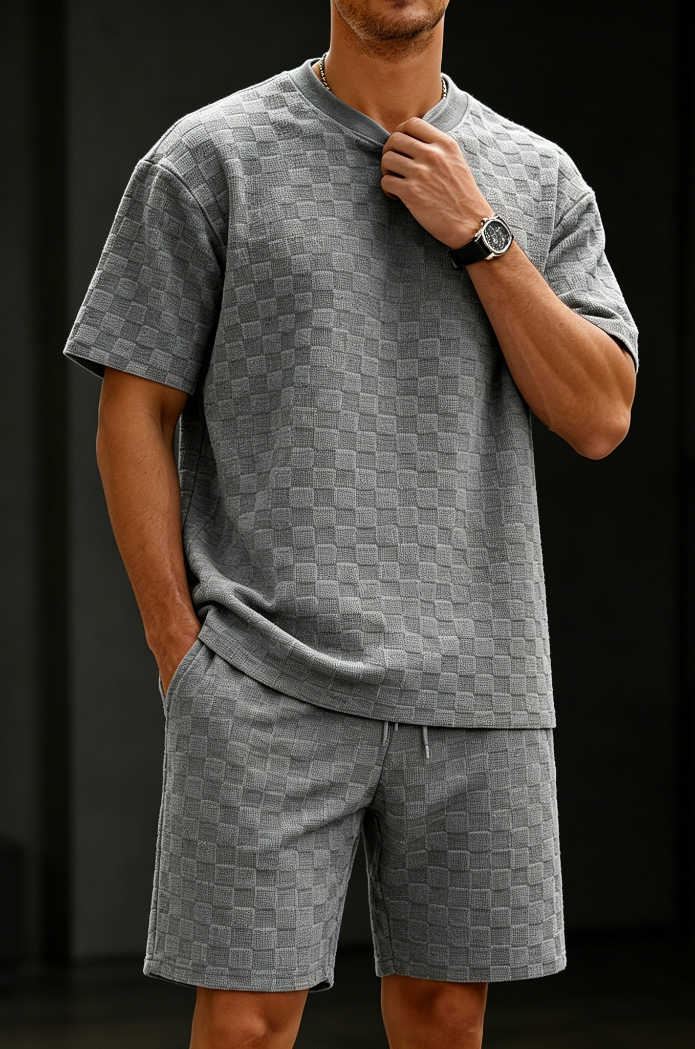 Men's Premium Checkerboard Knit Crewneck Tee & Shorts Set