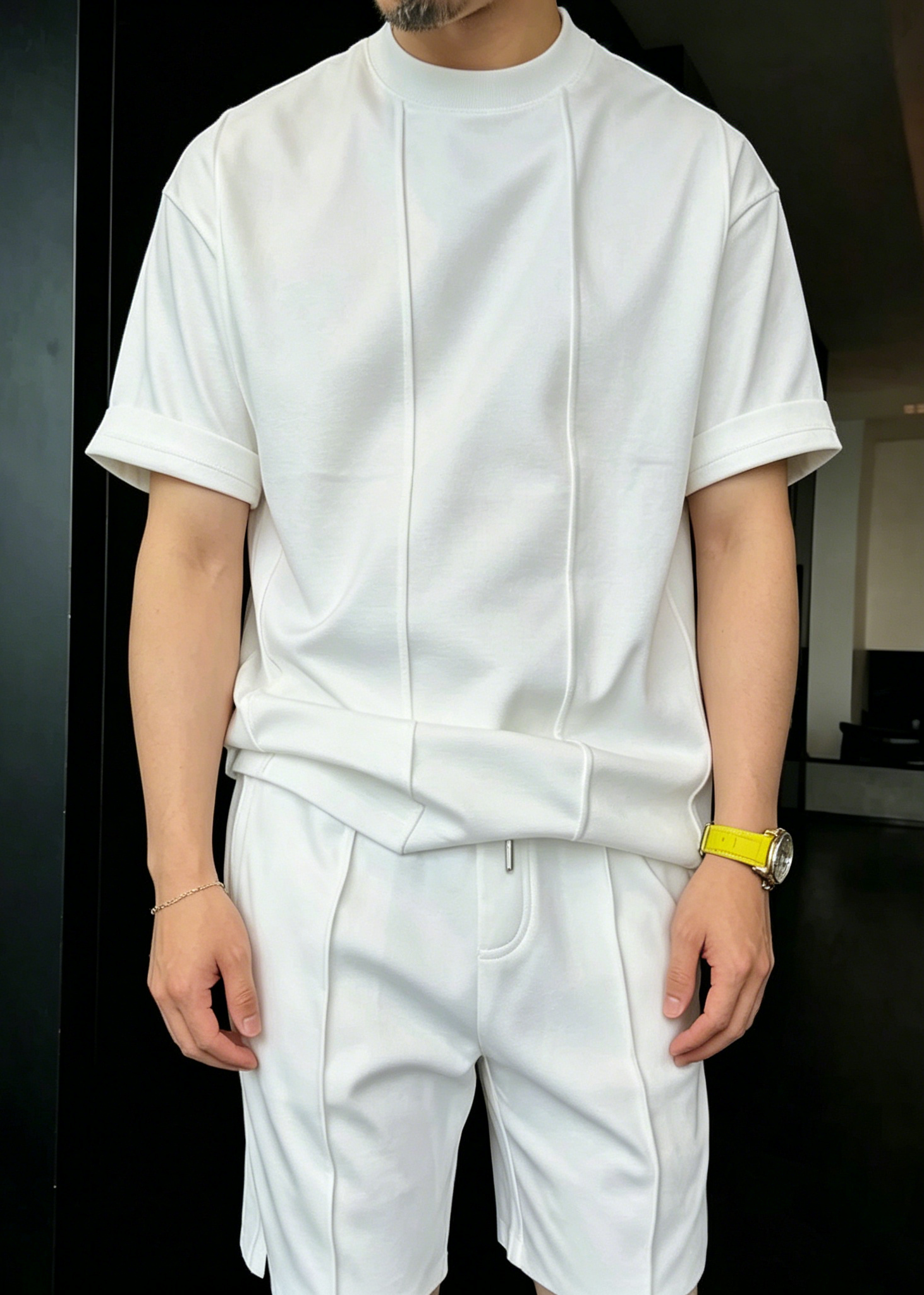 Men's Minimalist Urban Lounge Set – Premium Crew Neck T-Shirt & Tailored Shorts Two-Piece Outfit