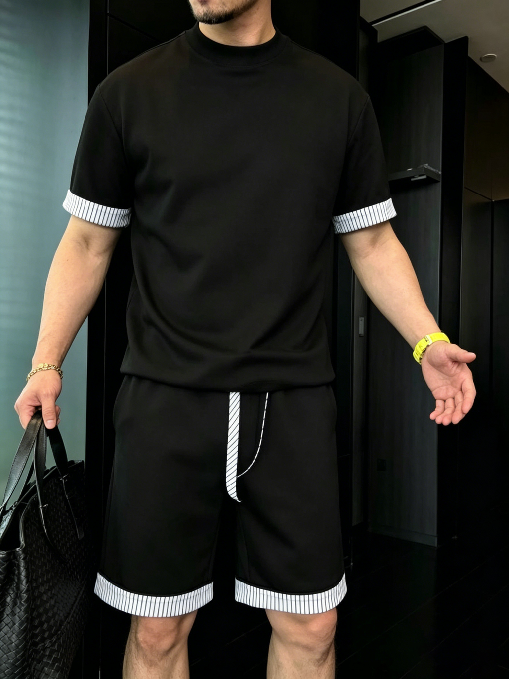 Men's Comfortable Striped Contrast Short-Sleeve Set