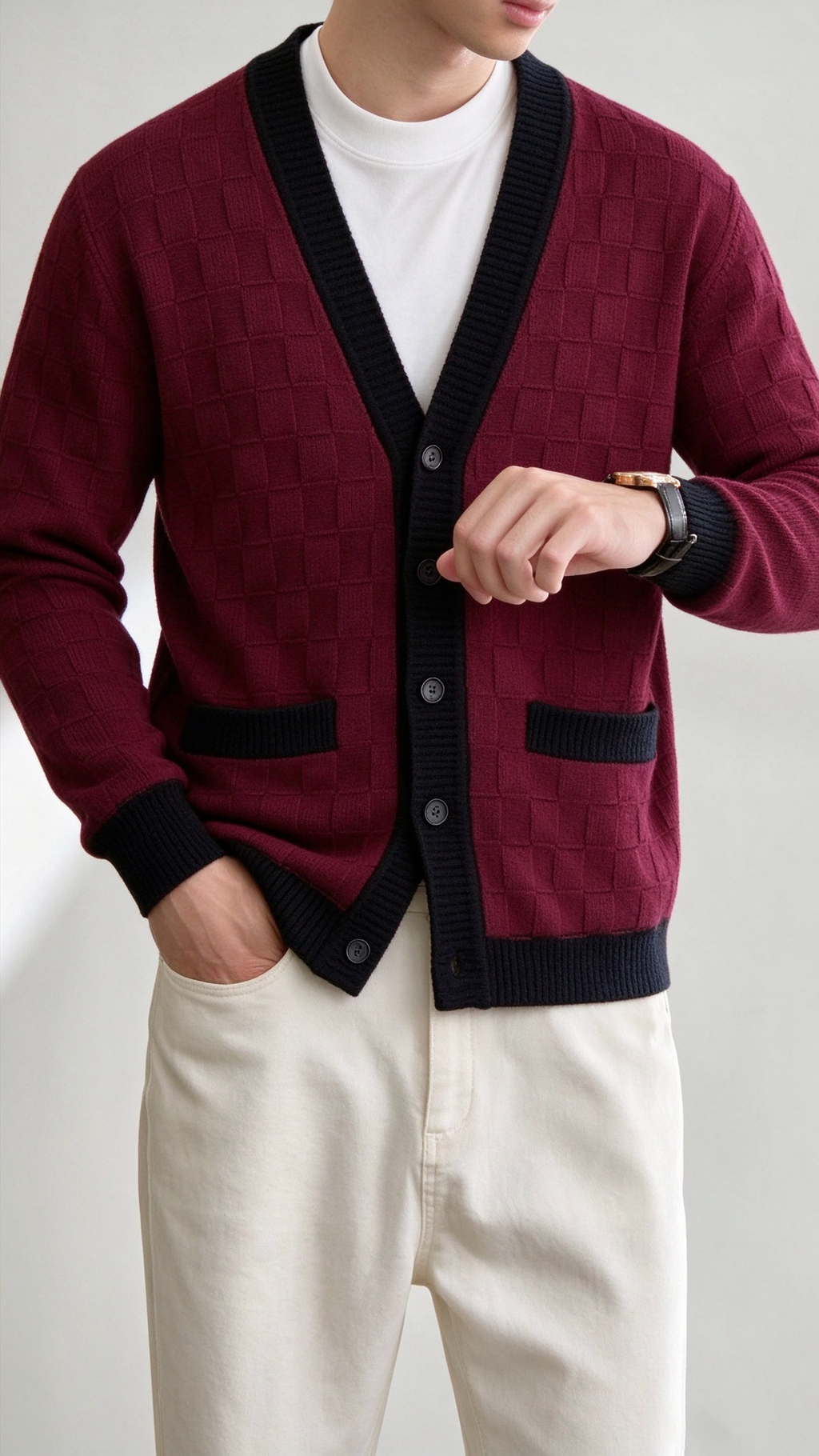 Men’s Comfortable Contrast-Trim Knit Cardigan