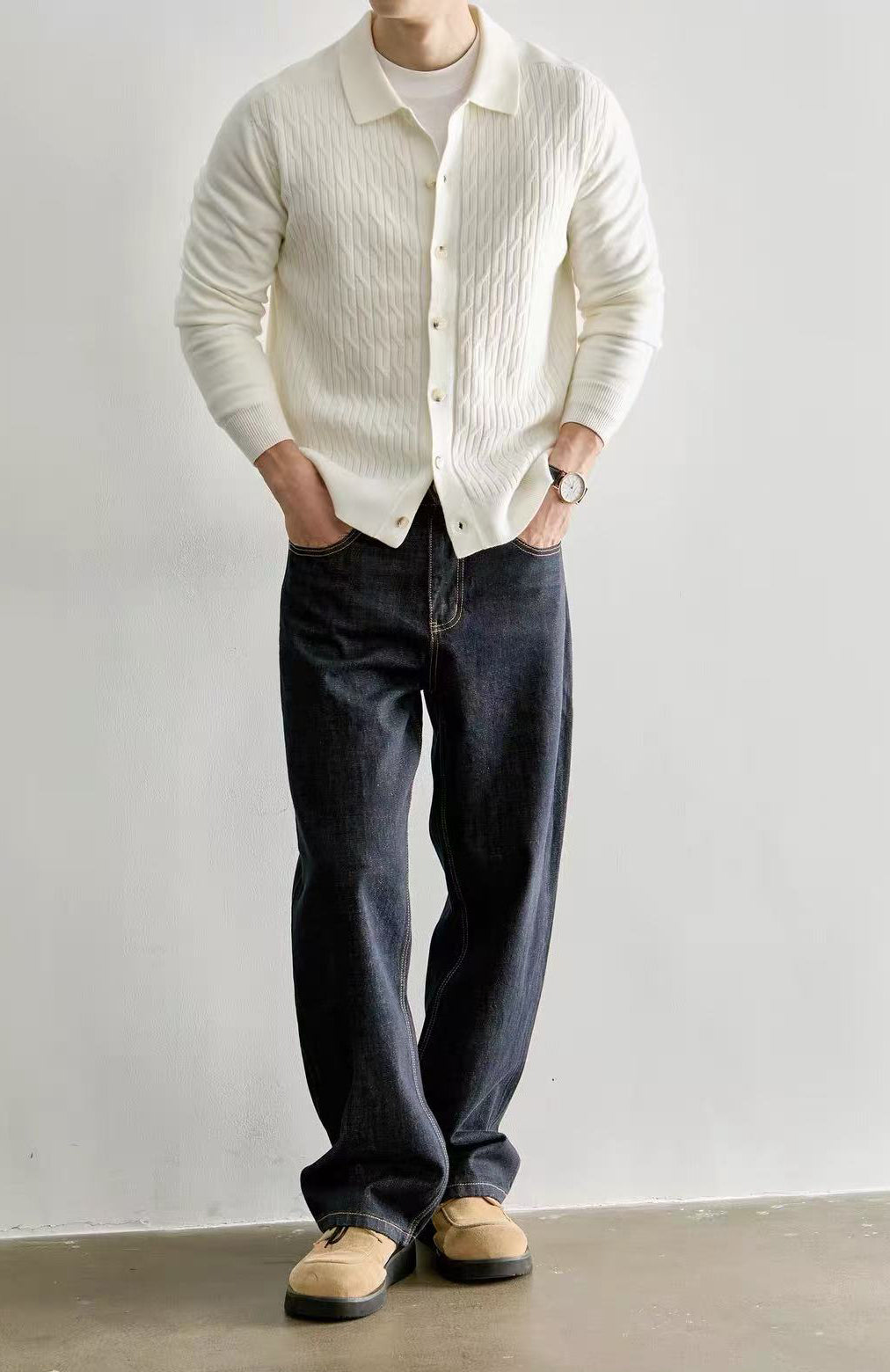 Men's Casual Polo Collar Button-Up Knit Cardigan