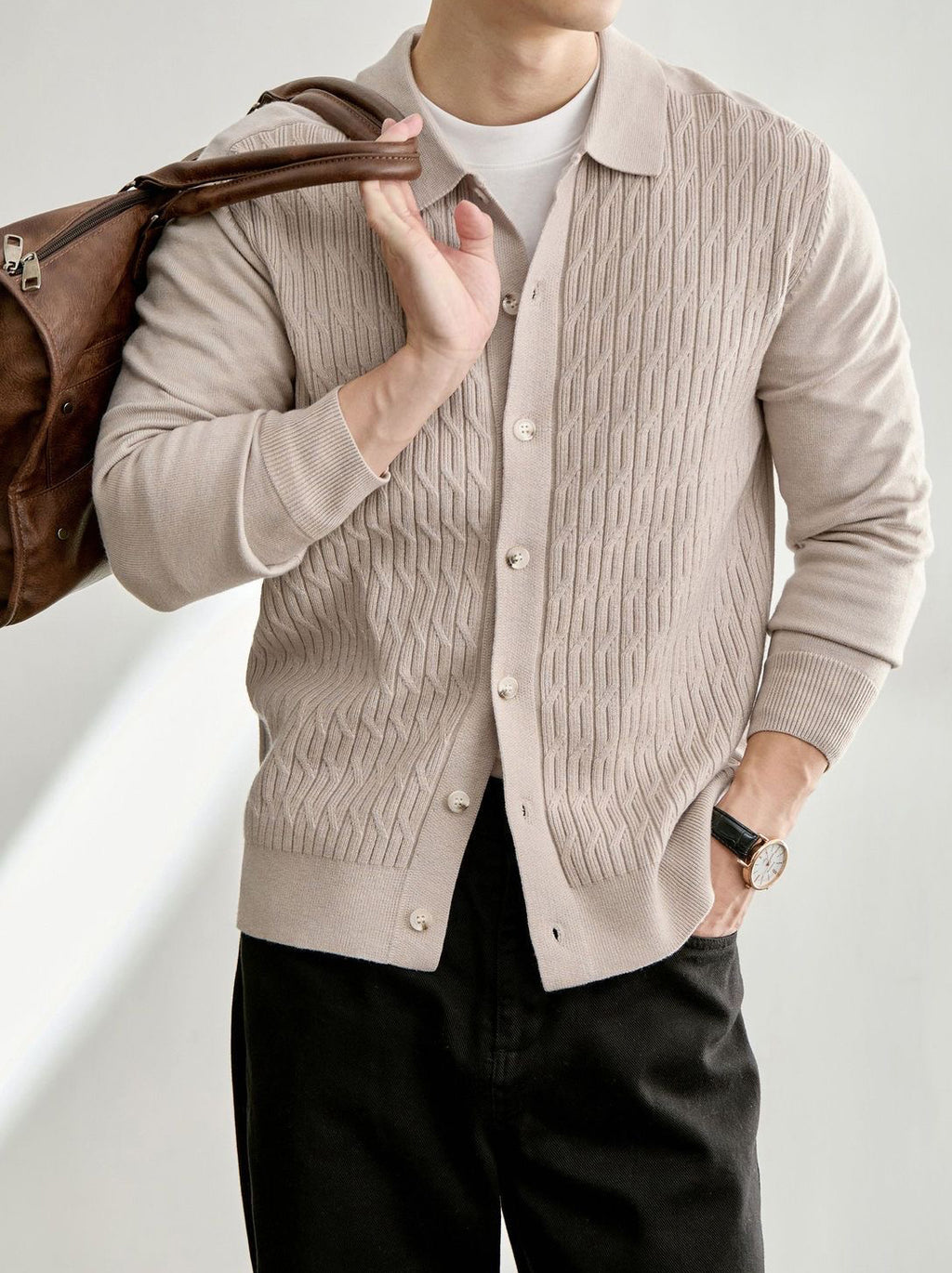 Men's Casual Polo Collar Button-Up Knit Cardigan