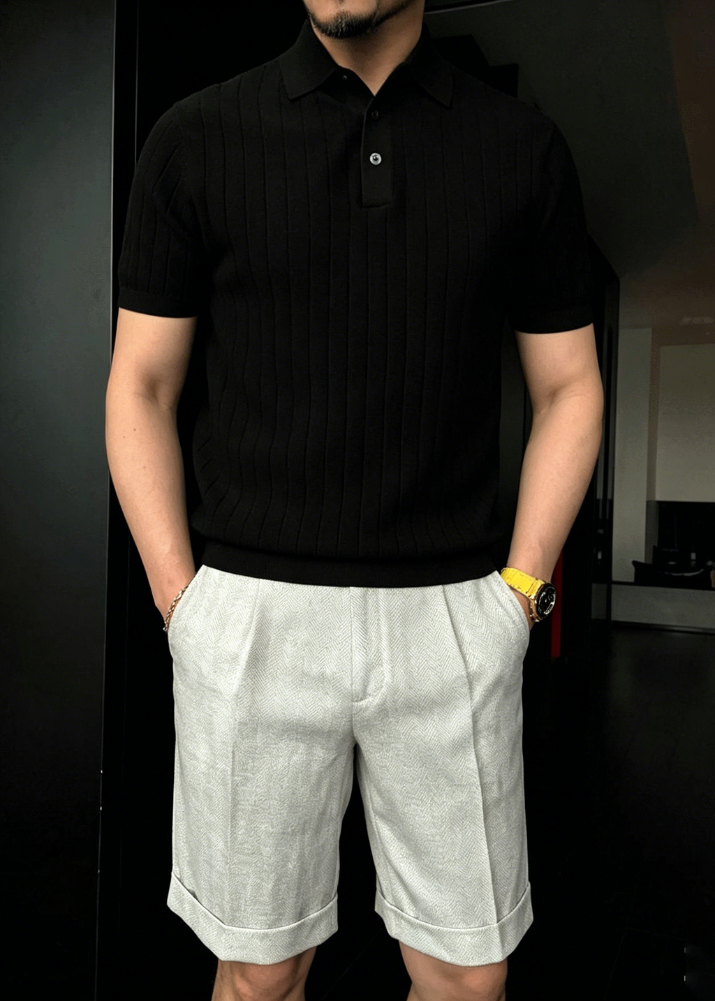 Men's Summer Slim-Fit Ribbed Polo Shirt – Short Sleeve Knitted Tee