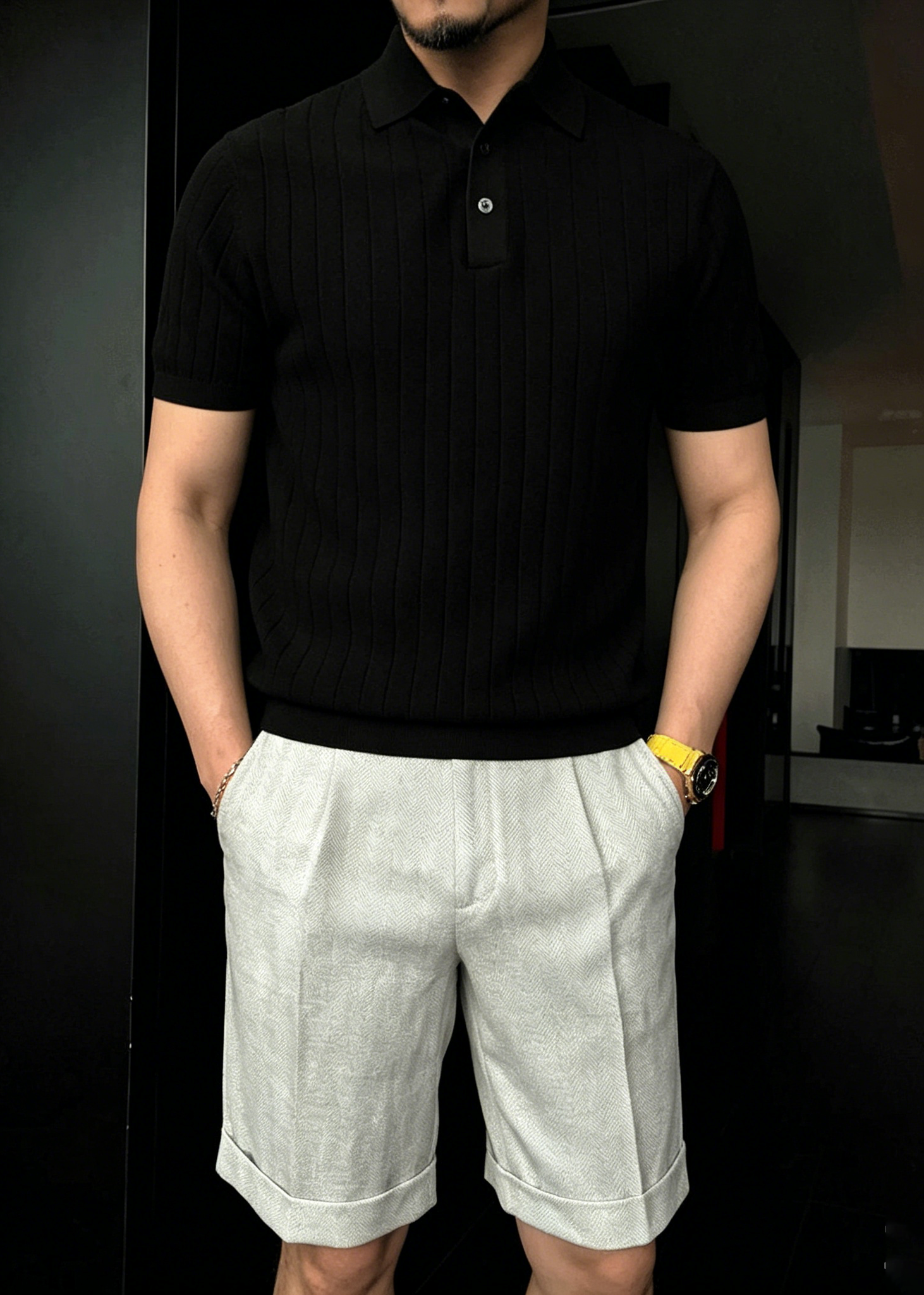 Men's Summer Slim-Fit Ribbed Polo Shirt – Short Sleeve Knitted Tee