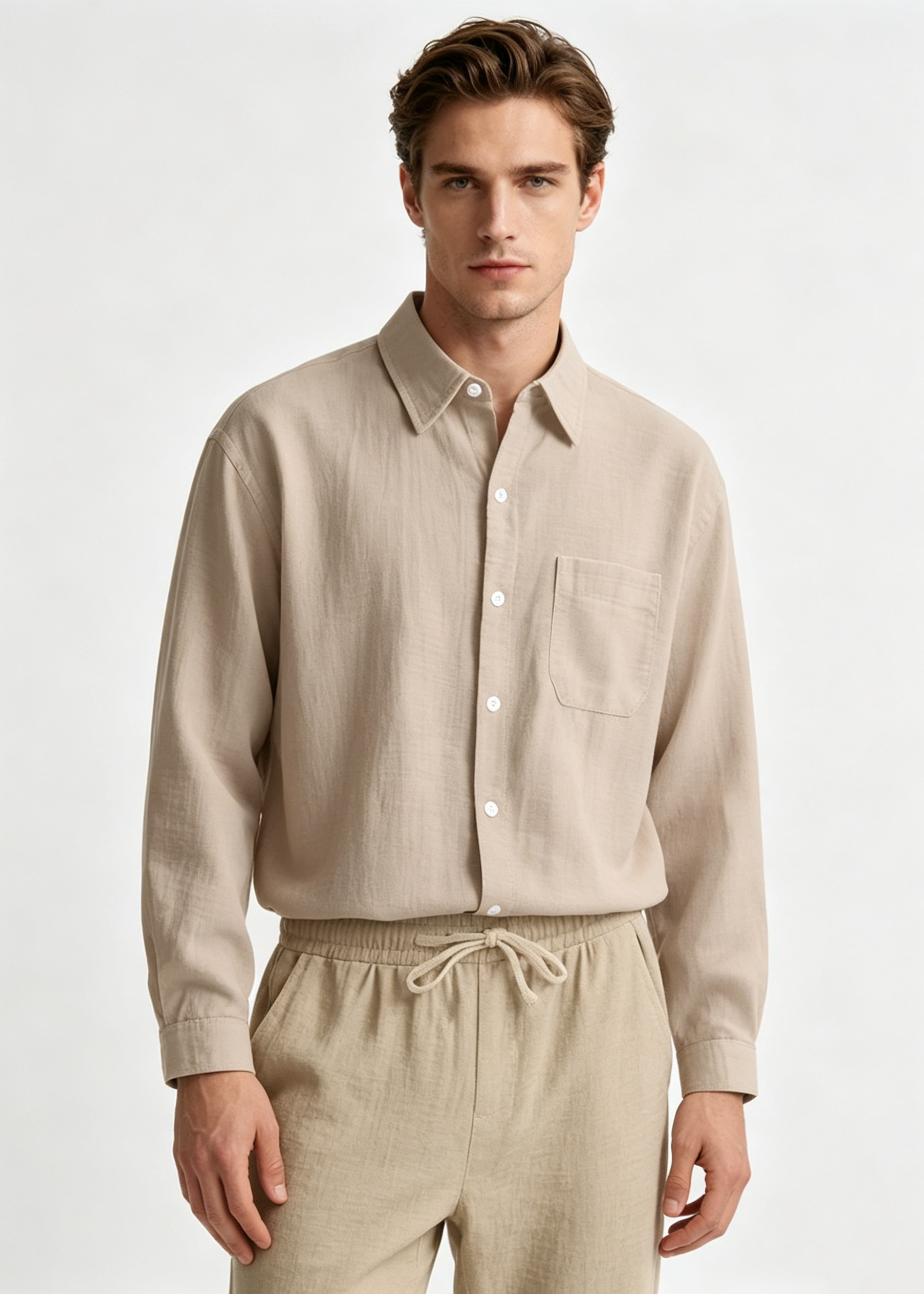 Men's 2-Piece Linen Outfits Casual Long Sleeve Button Down Shirt and Pants Set Beach Vacation Suits