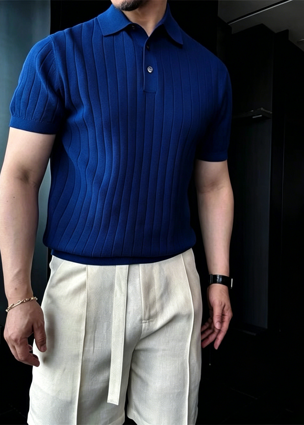 Men's Summer Slim-Fit Ribbed Polo Shirt – Short Sleeve Knitted Tee