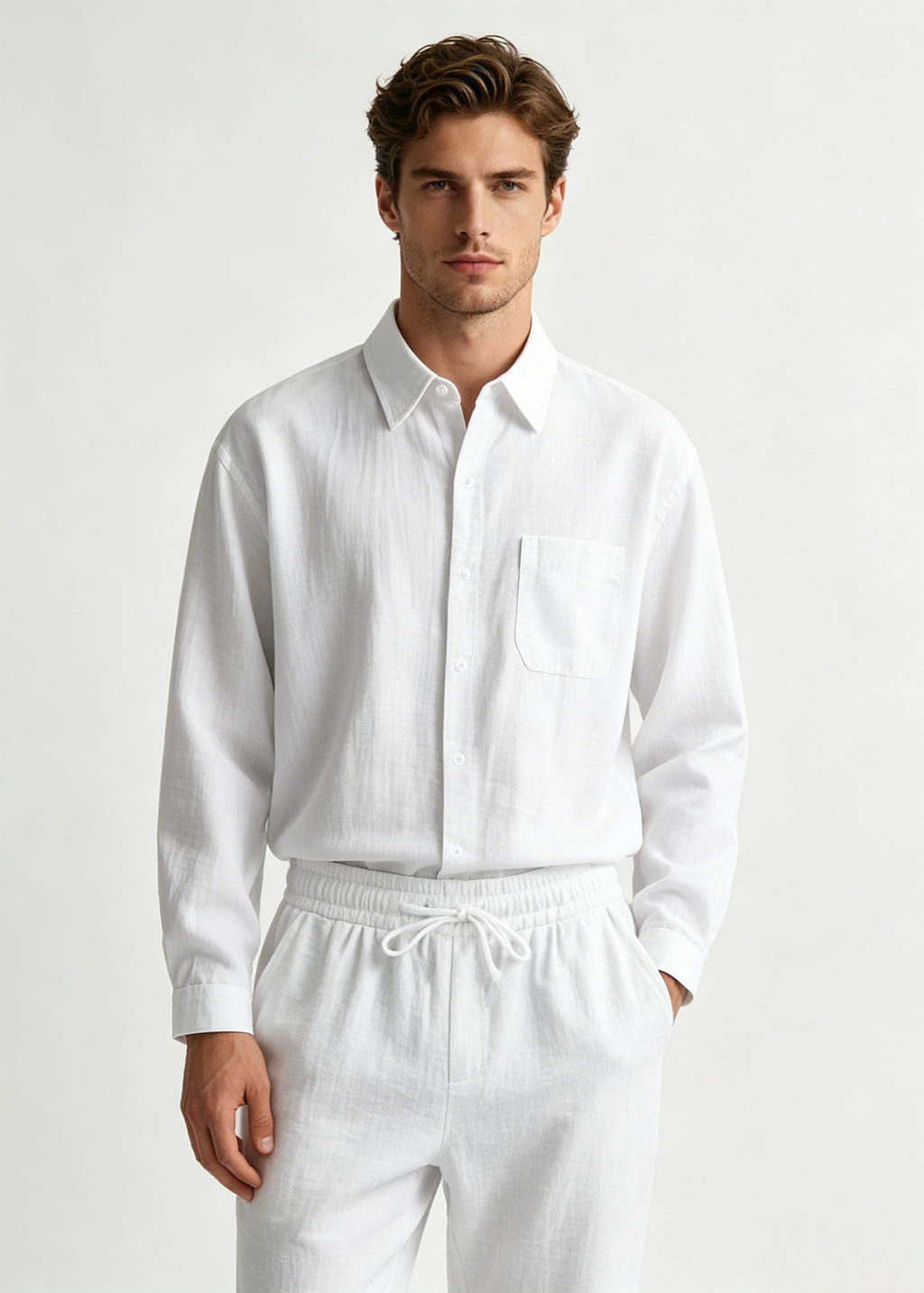 Men's 2-Piece Linen Outfits Casual Long Sleeve Button Down Shirt and Pants Set Beach Vacation Suits