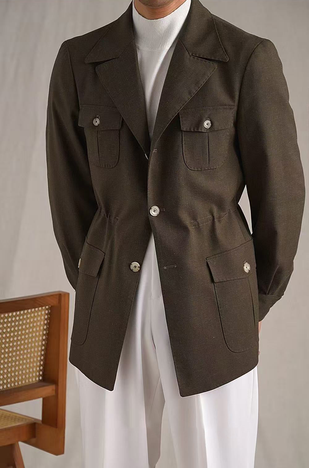Lapel Lightweight Safari Cargo Jacket Casual Blazer