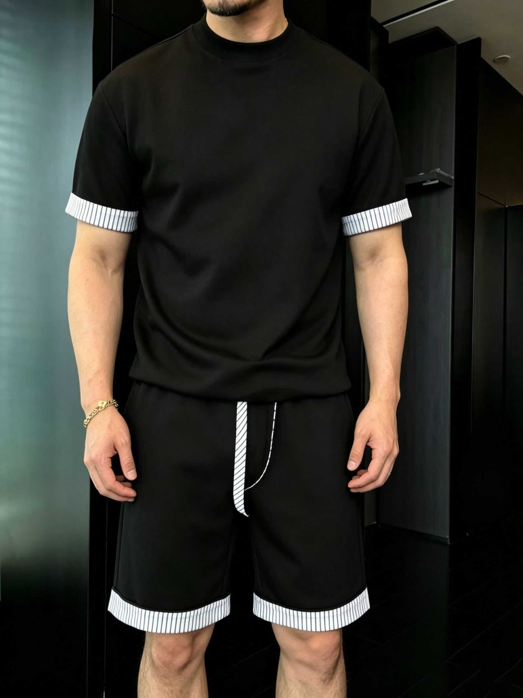 Men's Comfortable Striped Contrast Short-Sleeve Set