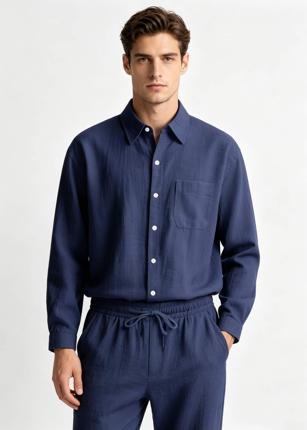 Men's 2-Piece Linen Outfits Casual Long Sleeve Button Down Shirt and Pants Set Beach Vacation Suits