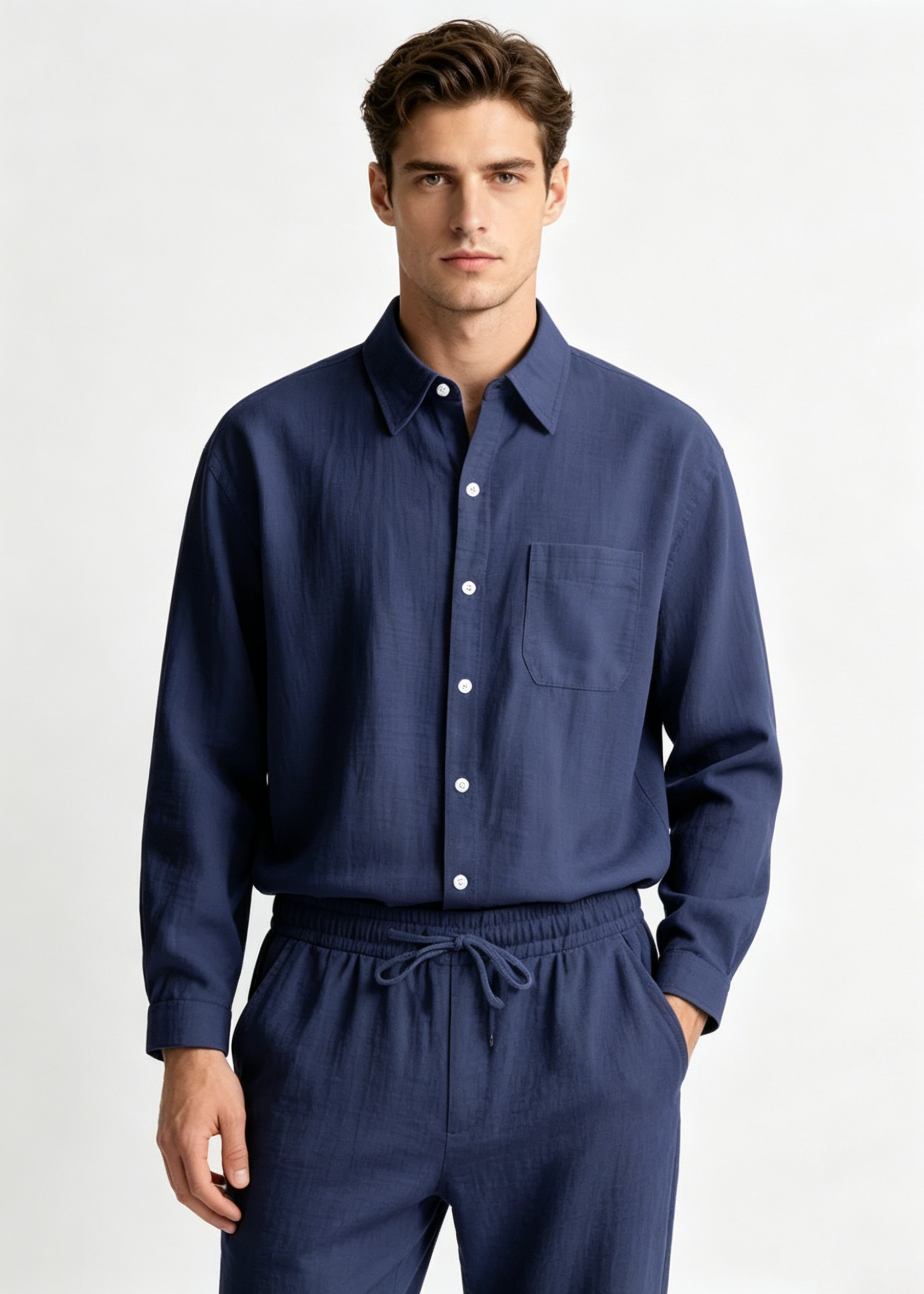 Men's 2-Piece Linen Outfits Casual Long Sleeve Button Down Shirt and Pants Set Beach Vacation Suits