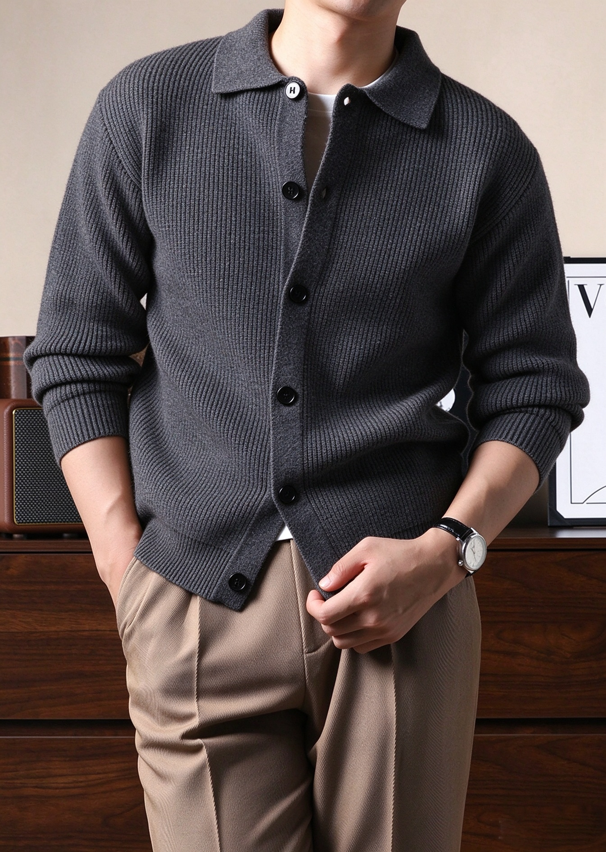Men's Classic Knit Polo Cardigan – Long Sleeve Button-Up Sweater Jacket