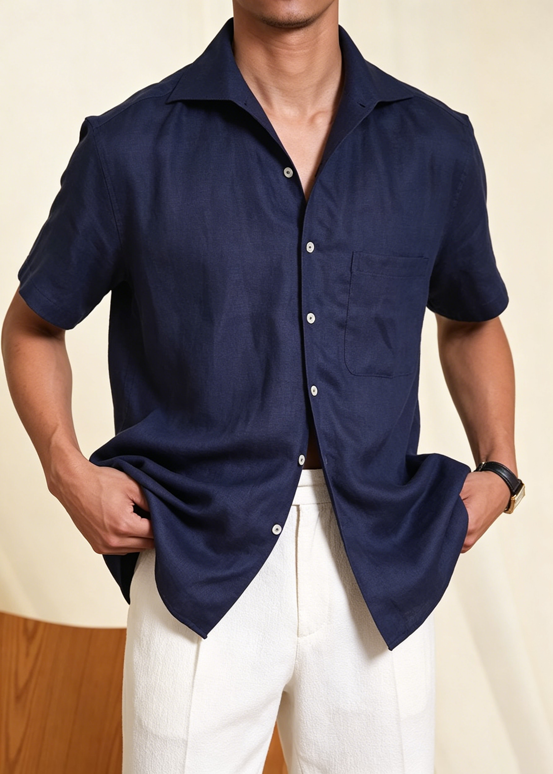 Men's Italian Vintage Linen Cotton Shirt | Lightweight Breathable One-Piece Camp Collar Resort Wear