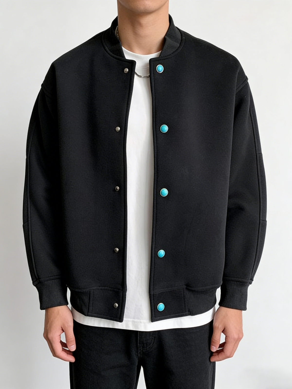 Men’s Smart Casual Stand Collar Jacket – Turquoise Accent Lightweight Coat