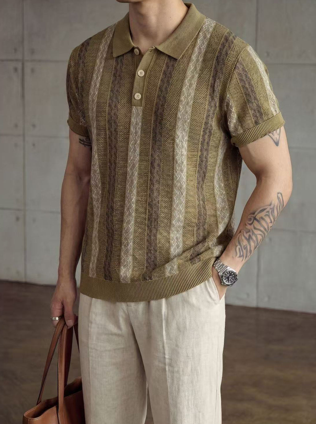 Men's Premium Vintage Striped Knit Polo Shirt