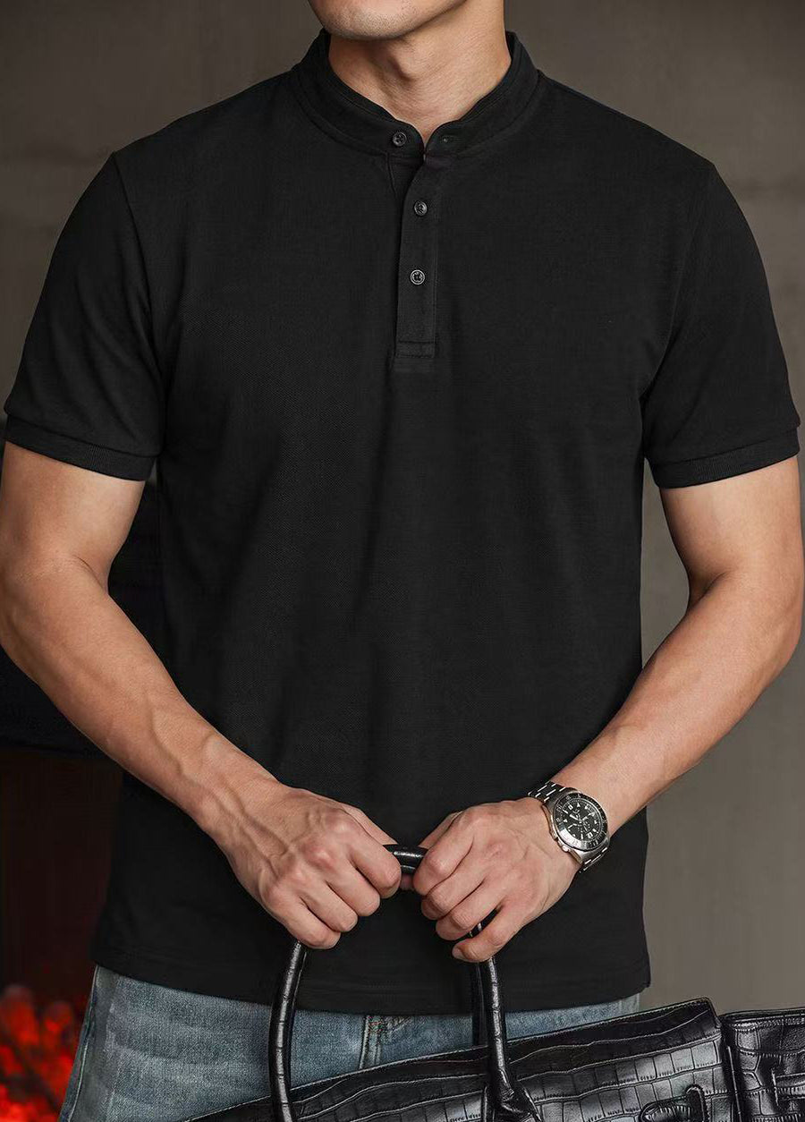 Men's Stand Collar Solid Color Casual Short Sleeve Shirt
