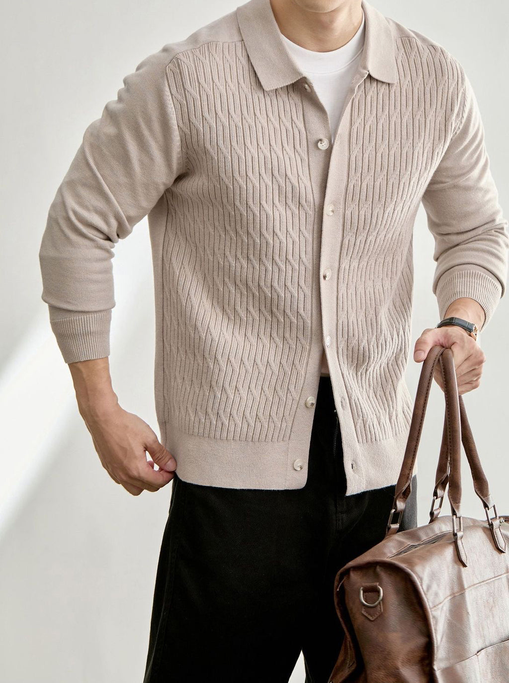 Men's Casual Polo Collar Button-Up Knit Cardigan