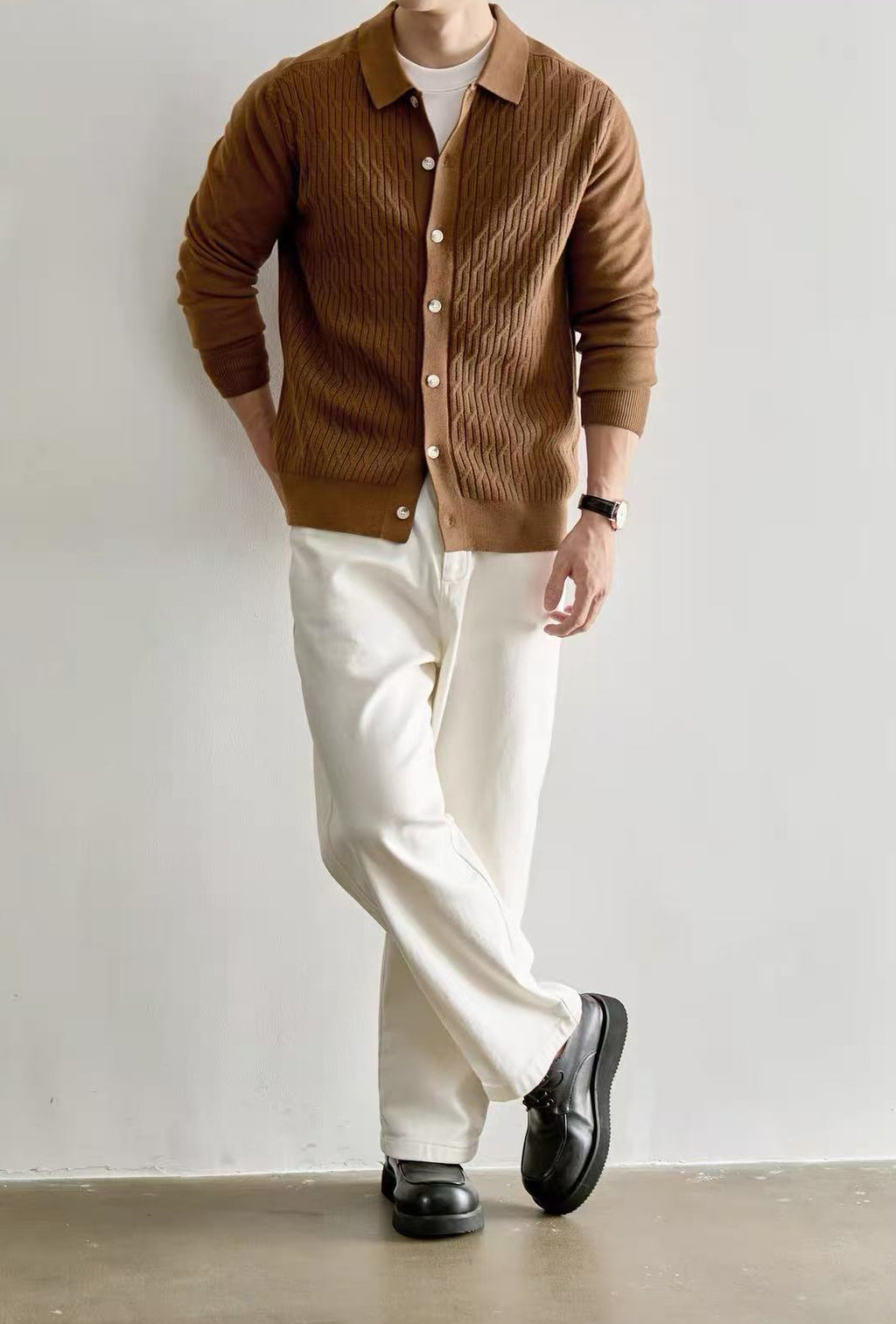Men's Casual Polo Collar Button-Up Knit Cardigan