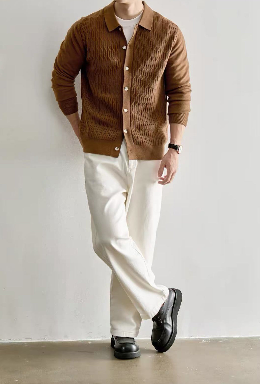 Men's Casual Polo Collar Button-Up Knit Cardigan