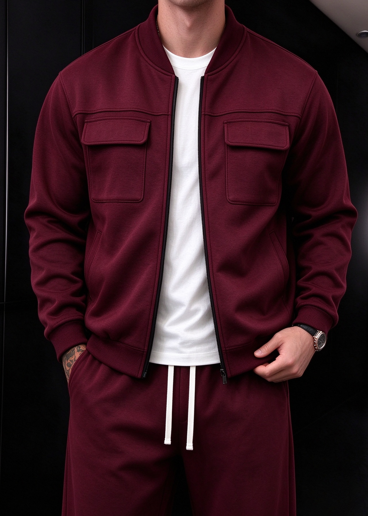 Men’s Fleece-Lined Utility Bomber Jacket & Wide-Leg Pants Set