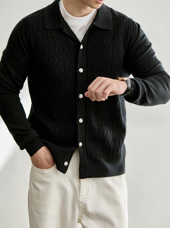 Men's Casual Polo Collar Button-Up Knit Cardigan