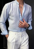 Men's Textured Linen Mandarin Collar Shirt – Lightweight Summer Casual Long Sleeve Shirt
