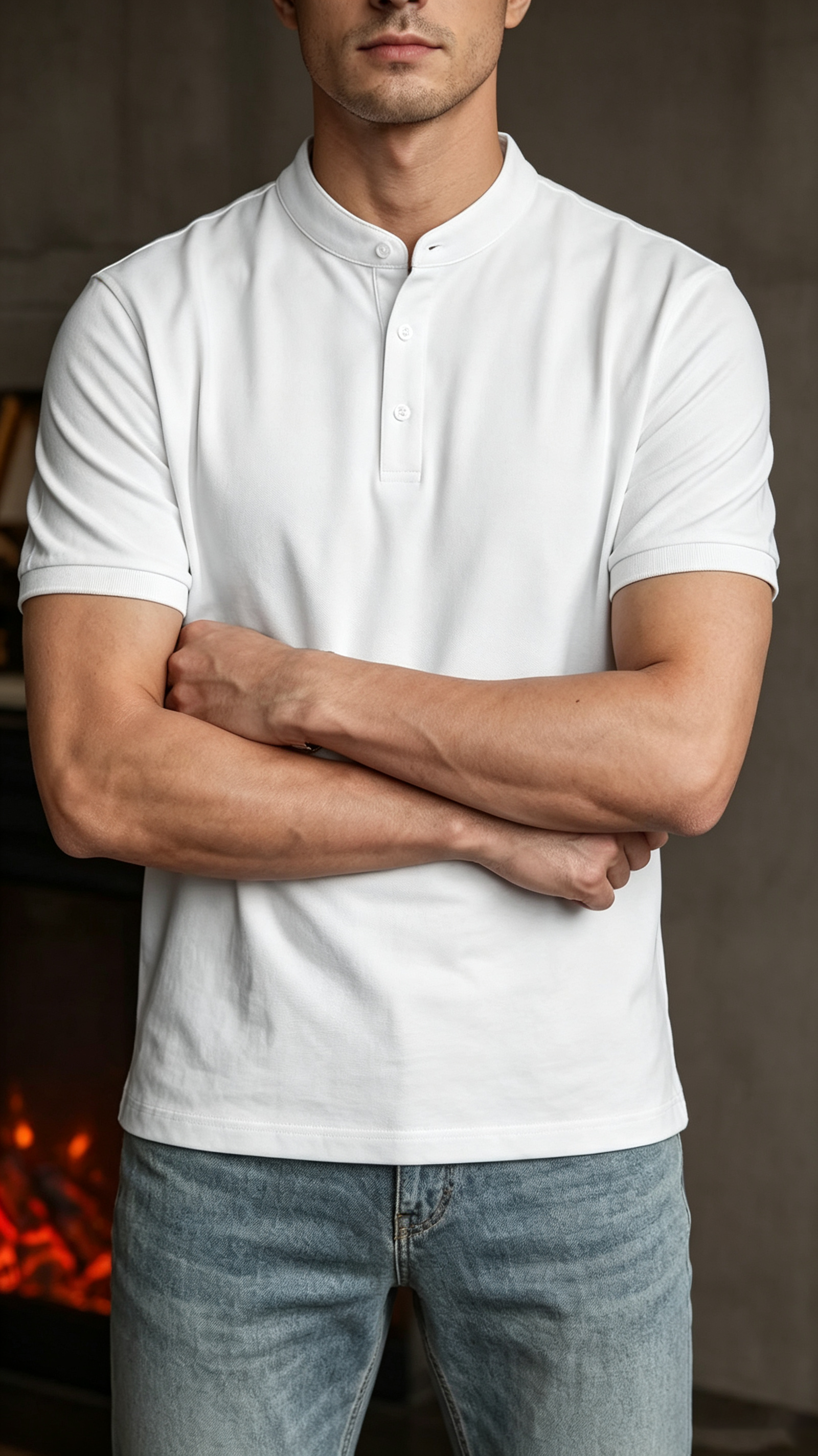 Men's Stand Collar Solid Color Casual Short Sleeve Shirt