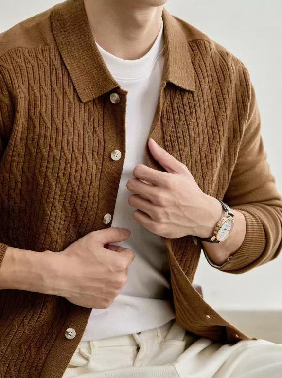 Men's Casual Polo Collar Button-Up Knit Cardigan