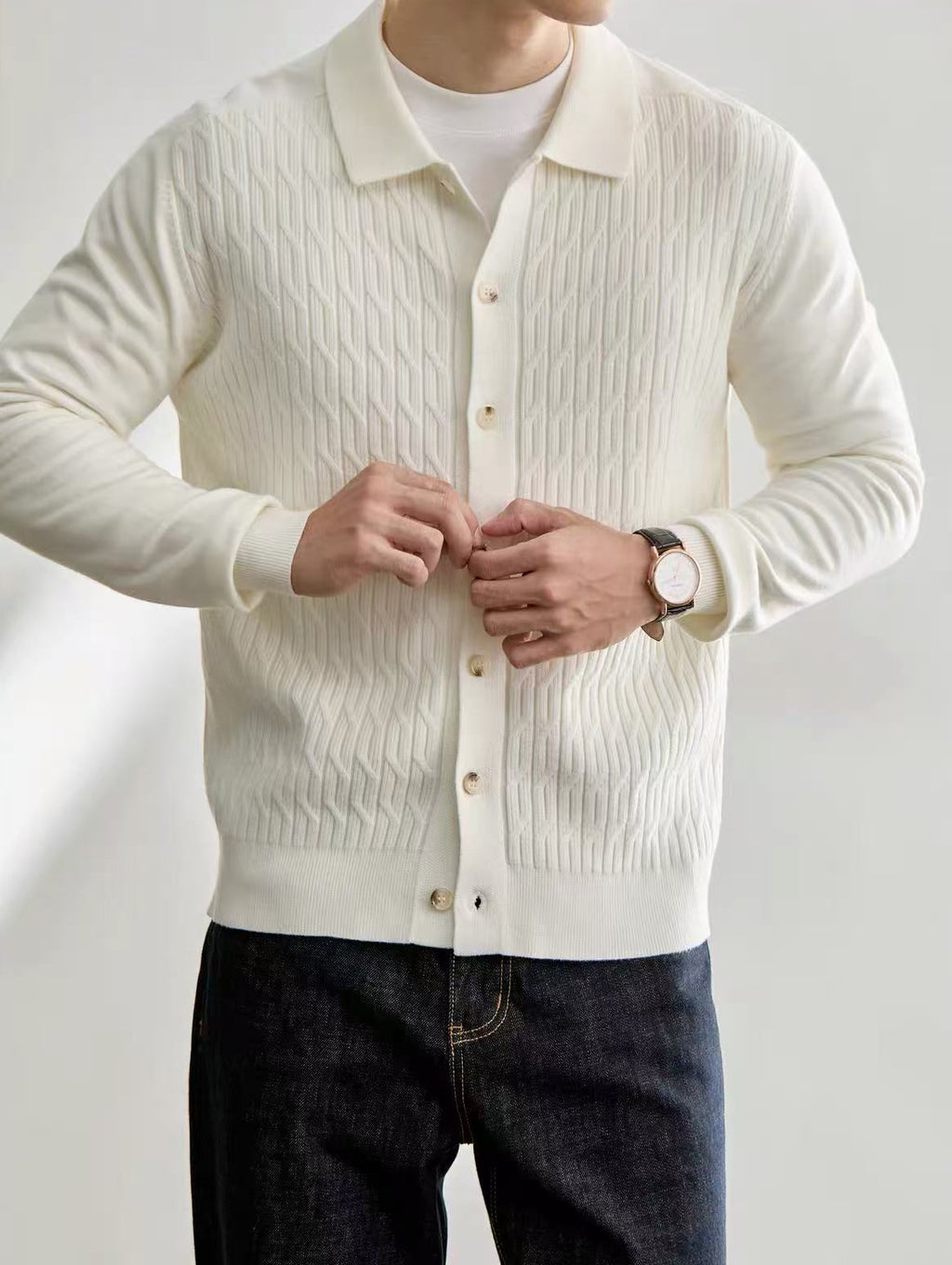 Men's Casual Polo Collar Button-Up Knit Cardigan