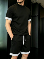 Men's Comfortable Striped Contrast Short-Sleeve Set